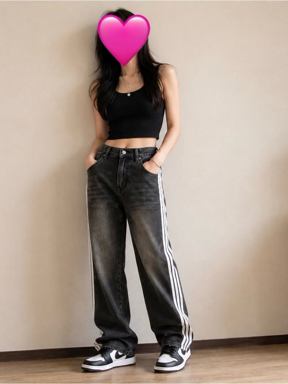 Wide Leg Black Denim Jeans with White Side Stripes - ASIAN TRENDS